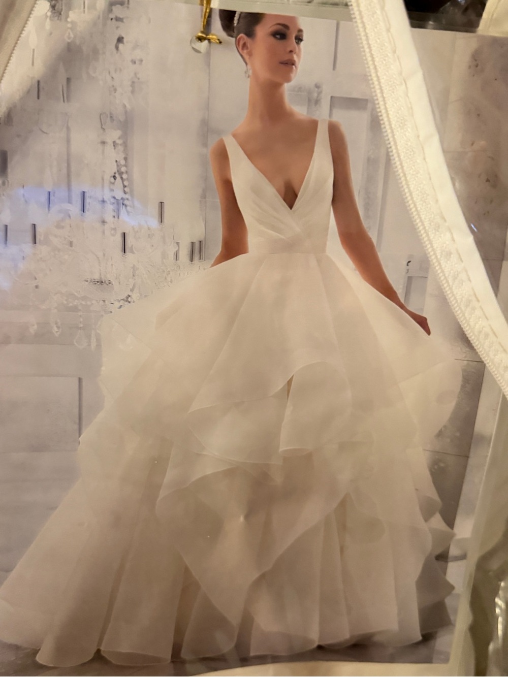 Milly Ivory V-Neck Layered Organza Ball Gown